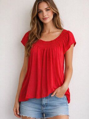 $78 Retail Aritzia Talula Red Smocked Blouse Flowy Peasant Top